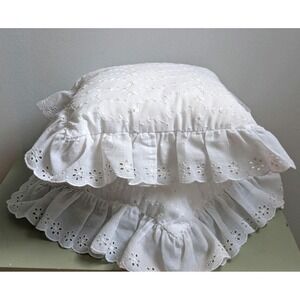 Pair of Vintage White Eyelet Lace Throw Pillows | Embroidered Ruffle Cushions